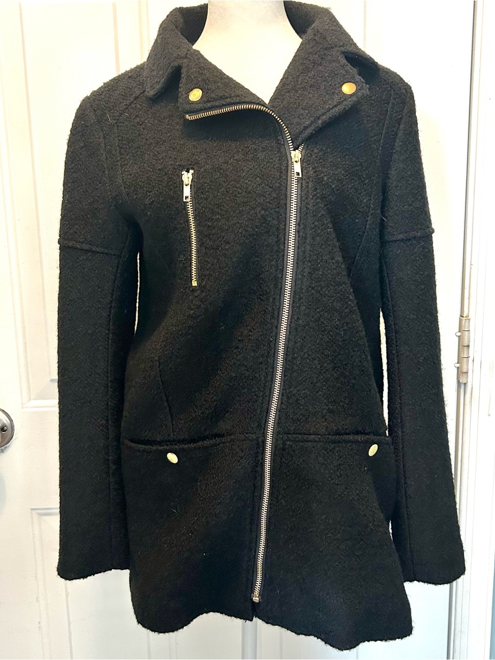 Moto Jacket Girls 14Y XXSmall Black Wool Blend Coat Gold Buttons Asymmetric Zip